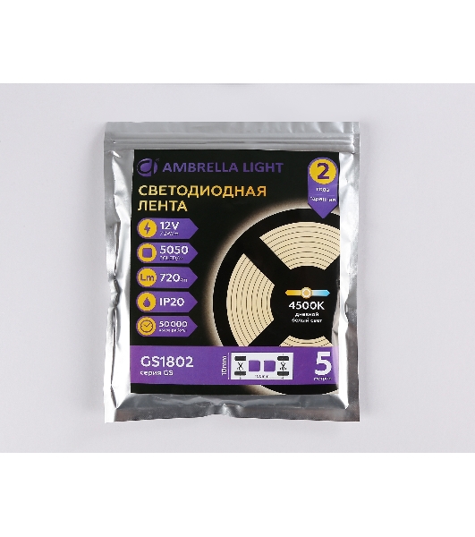 Светодиодная лента Ambrella light GS1802 5050 30Led/ 7.2W m/ 12V IP20 4500K/ 5000*10*1.87mm (2 конт.)
