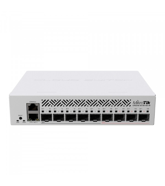 Коммутатор MikroTik Cloud Router Switch CRS310-1G-5S-4S+IN with 800 MHz CPU, 256 MB RAM, 4xSFP+, 5xSFP cages, 1xGbit LAN port, RouterOS L5, desktop case, rackmount ears, PSU