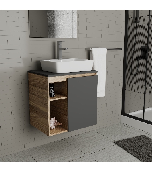 Тумба Bau Dream Blackwood 60 правая, графит, раковина BAU Cerama 48х37 белая, смеситель Hotel Still, нерж. сталь