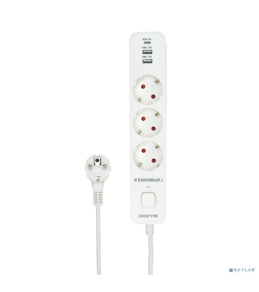 Сетевой фильтр Гарнизон EPS-3-CU2-W-2 2.0 Мультипорт 3 р, 10А, 1xType-C PD, 2 х USB QC, 2 м, ур.защиты 2+, белый, пак (21448)