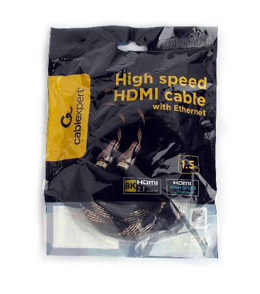 Кабель Cablexpert HDMI CCP-HDMI8К-1.5M, 19M/19M, v2.1, 8К, медь, позол.разъемы, экран, оплетка, 1.5м, черный, пакет