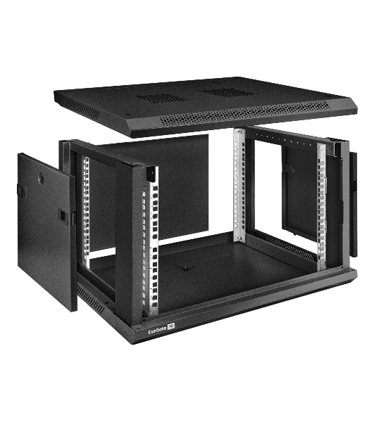 Шкаф телекоммуникационный 19' настенный 6U ExeGate EC-WM-6U.450.G.BLACK (19', 6U, 600x450x370 мм (ШхГхВ), передняя дверь закаленное стекло, съемные боковые панели, пыле- и влагозащита IP23, черный RAL 9004)