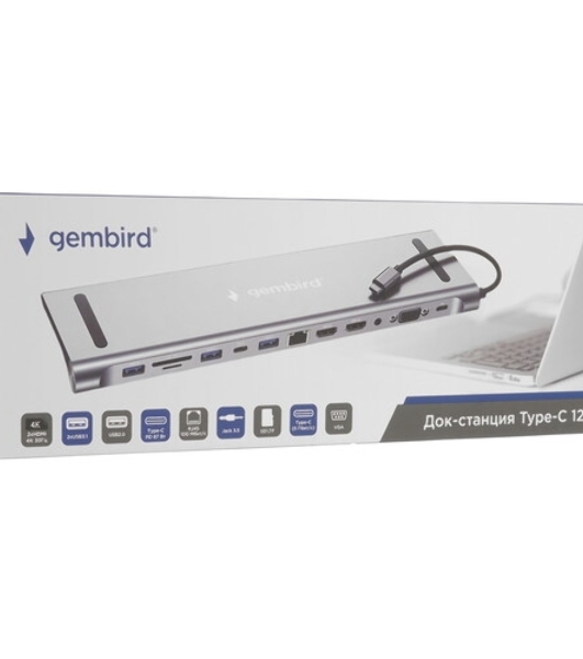 USB-концентратор Gembird UHB-D6, USB Type-C, USB 2.0/RJ45/USB Type-C PD87W/Jack 3.5 / SD/TF/2xHDMI/VGA, USB Type-C