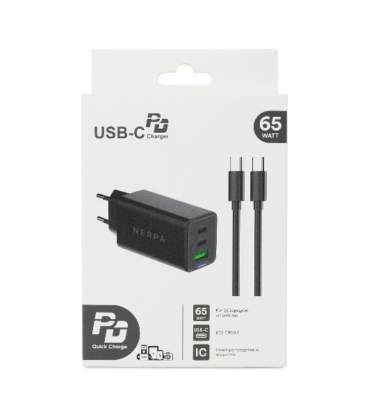 Сетевое зарядное устройство NERPA PD333CBX 65W GaN PD+QC3.0, 2xUSB-C, 1xUSB-A, USB-C - USB-C 100W cable 1.5m черный, EU plug, BOX