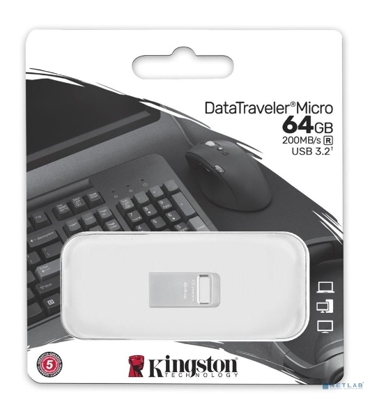 Флешка USB Kingston DataTraveler Micro (DTMC3G2/64Gb), 64Gb, USB 3.2 Gen 1, R/W 200/60, серебристый