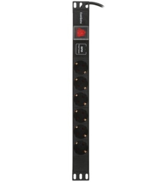 Блок розеток горизонтальный ExeGate ServerPro PDU-19H608 Al-6S-EU2-SW-SPD1, 19', 1U, Алюминий, 6 Schuko, кабель с евровилкой VDE-250V-16A-3*1.5мм2, 2 метра, выкл. с подсветкой, SPD1, черный