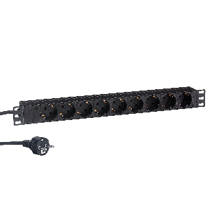 Блок розеток горизонтальный ExeGate ServerPro PDU-19H905 Al-9S-EU3, 19', 1U, Алюминий, 9 Schuko, кабель с евровилкой VDE-250V-16A-3*1.5мм2, 3 метра, черный