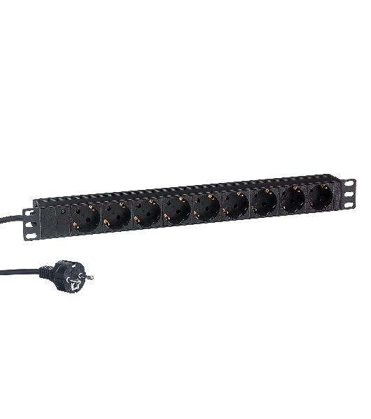 Блок розеток горизонтальный ExeGate ServerPro PDU-19H905 Al-9S-EU3, 19', 1U, Алюминий, 9 Schuko, кабель с евровилкой VDE-250V-16A-3*1.5мм2, 3 метра, черный