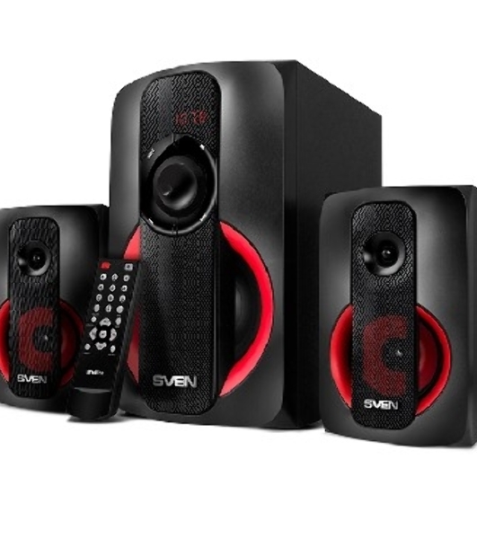 Колонки SVEN AC MS -304, черный Акустическая система, беспроводная передача сигнала по Bluetooth, суммарная мощность (RMS), Вт - 40, выходная мощность (RMS), Вт - сабвуфер: 20, сателлиты: 20 (2 х10), частотный диапазон, Гц - сабвуфер: 40 – 150, сателлиты: 150 – 20 000, размеры динамиков, мм - сабвуфер: O 128, воспроизведение с USB flash и SD card памяти, встроенное FM-радио, LED-дисплей, пульт ДУ, материал корпуса сабвуфера и сателлитов – дерево (MDF).