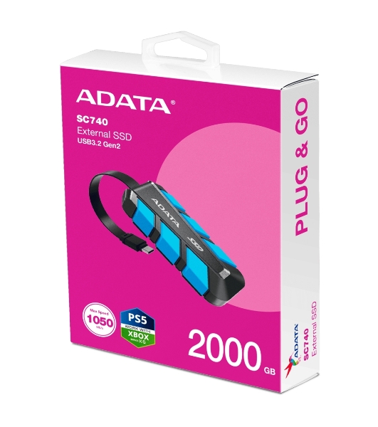 Внешний SSD ADATA SC740, 2TB, USB 3.2 Gen 2 Type-C, R/W 1050/1000, синий