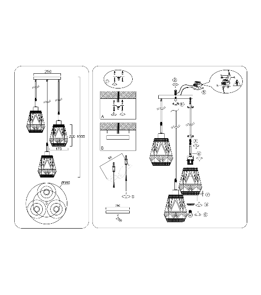 Светильник Ambrella light TR8522/3 BK/SB черный/бронза E27/3 max 60W D380*1000