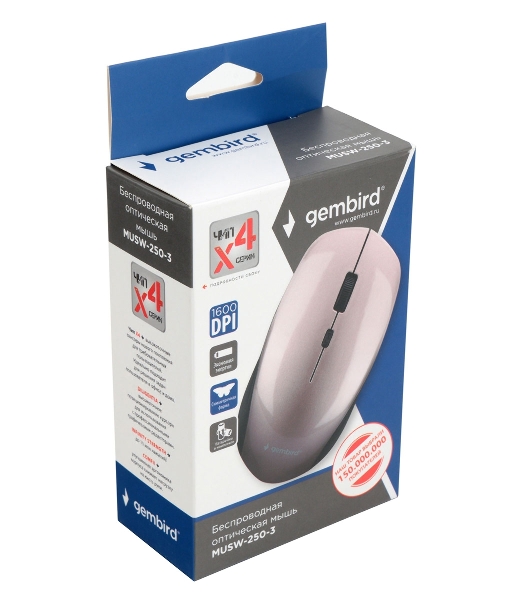 Мышь беспроводная Gembird MUSW-250-3 розовый, 1600 dpi, радиоканал, USB, кнопки - 4
