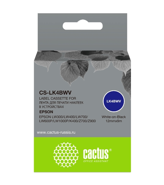 Картридж ленточный Cactus CS-LK4BWV белый шрифт, черный фон (12 мм, 9 м) для Epson LW300/LW400/LW700/LW600P/LW1000P/K400/Z700/Z900