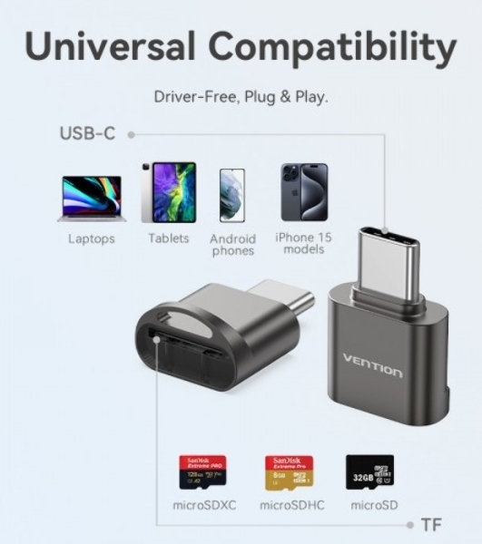Кард-ридер Vention CLMH0/серый/OTG USB 2.0 CM/MicroSD/USB Type-C/металл