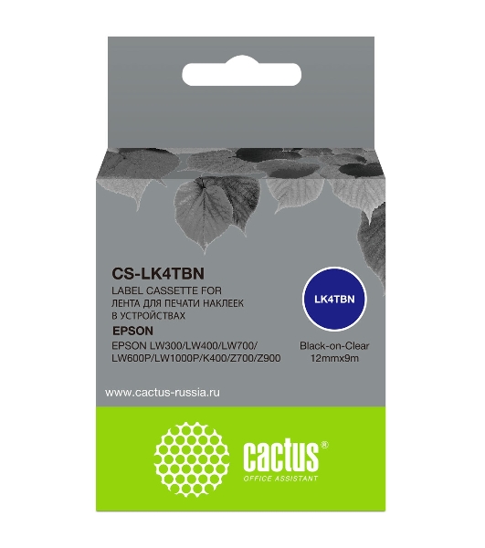 Картридж ленточный Cactus CS-LK4TBN черный, 12 мм, 9 м для Epson LW300/LW400/LW700/LW600P/LW1000P/K400/Z700/Z900