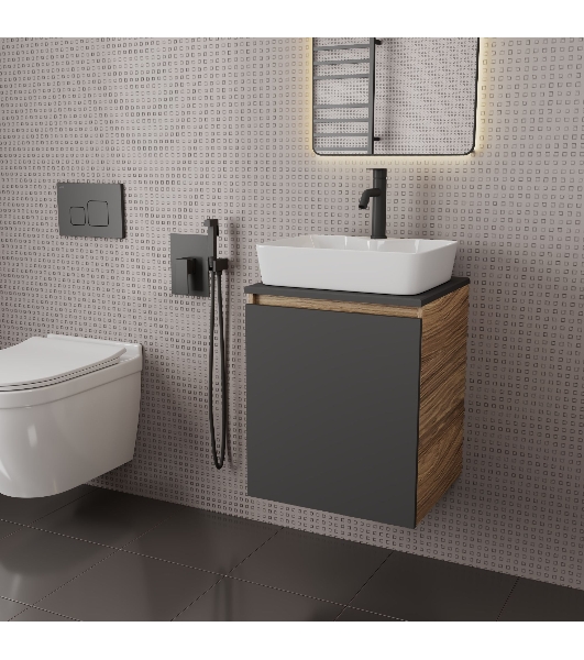 Тумба Bau Dream Blackwood 50 графит, раковина BAU Cerama 48х37 белая, смеситель Hotel Dream Black, нерж. сталь, черный