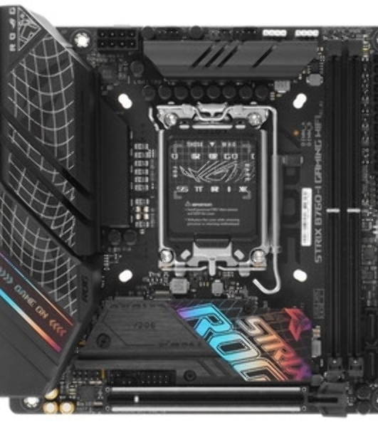Материнская плата ASUS ROG STRIX B760-I GAMING WIFI, LGA 1700, Intel B760, 2xDDR5, 4xSATA, 2xM.2, 1xPCIe 5.0 x16, 1xHDMI, 1xDP, 1x 2.5Gb LAN, 3xUSB-A 2.0, 3xUSB-A 3.2 Gen 1, 1xUSB-C 3.2 Gen 1, 1xUSB-C 3.2 Gen 2x2, 5x3.5 мм, 7.1, Mini-ITX