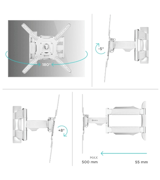 Кронштейн ONKRON/32-55' макс. 400x400, 2 колена, наклон -5º+8º, поворот 180º макс, от стены 55-500мм, белый