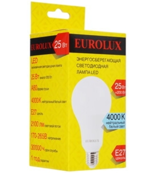 Лампа светодиодная EUROLUX LL-E-A80-25W-230-4K-E27 груша