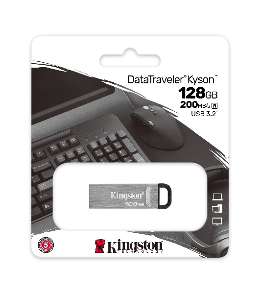 Флешка USB Kingston DataTraveler KYSON (DTKN/128 Gb), 128Gb, USB 3.2 Gen 1, R/W 200/60, серебристый/черный