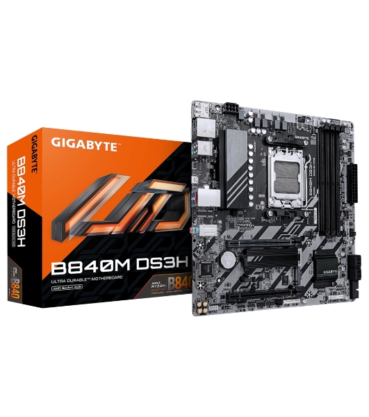 Материнская плата Gigabyte B840M DS3H, AM5, AMD B840, 4xDDR5, 4xSATA, 2xM.2, 1xPCIe 4.0 x16, 1xPCIe 3.0 x4, 2xDP, 1xHDMI, 1x2.5Gb LAN, 3xUSB-A 5Gbps, 8xUSB-A 2.0, 1xUSB-C 5Gbps, 3x3.5 мм, 7.1, mATX