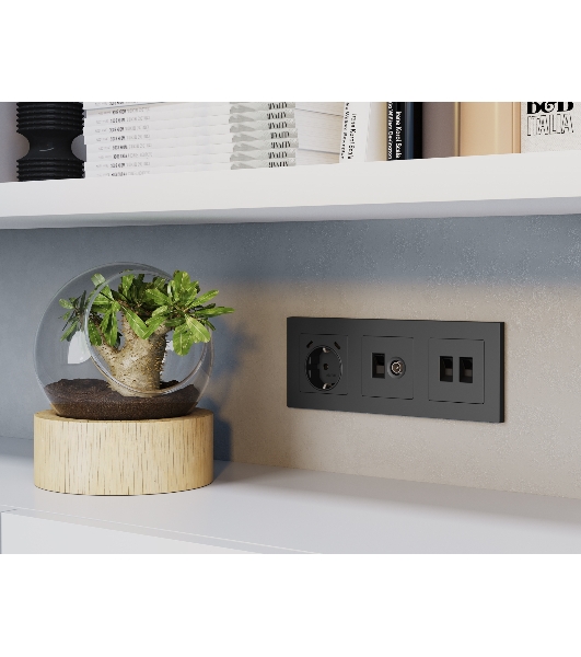 Комплект мех-ма розетки компьютерной + TV оконечной RJ-45 с автоматической защитной шторкой ALFA Графит мягкое касание QUANT (AP9125, VM195) MA912510