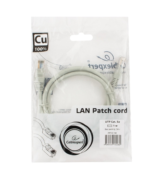 Патч-корд медный UTP Cablexpert PP10-1M cat.5e, 1м, литой, многожильный, серый