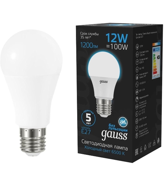 Лампа светодиодная Gauss 102502312 12Вт цок.: E27 груша 220B 6500K св. свеч. бел. хол. (упак.: 10 шт)