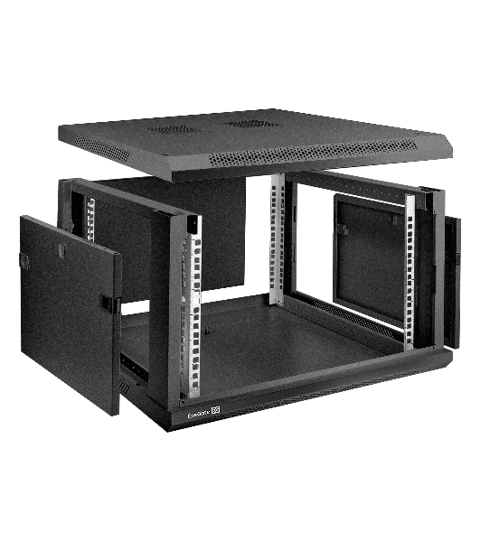 Шкаф телекоммуникационный 19' настенный 6U ExeGate EC-WM-6U.600.G.BLACK (19', 6U, 600x600x370 мм (ШхГхВ), передняя дверь закаленное стекло, съемные боковые панели, пыле- и влагозащита IP23, черный RAL 9004)