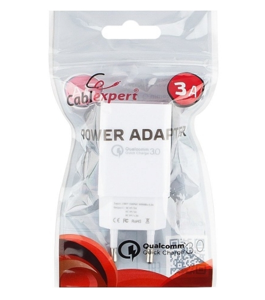 Сетевое зарядное устройство Cablexpert MP3A-PC-16, QC 3.0, 100/220V - 1 USB порт 5/9/12V, белый