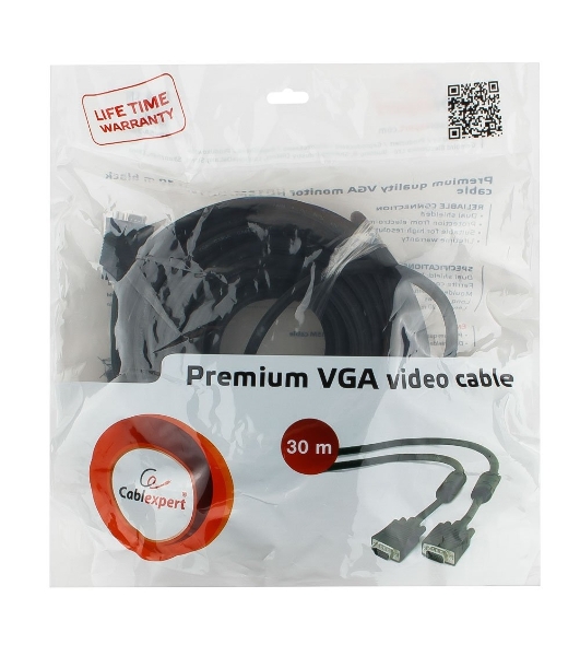 Кабель Gembird/Cablexpert VGA Premium, 15M/15M, 30м, черный, тройной экран, феррит.кольца