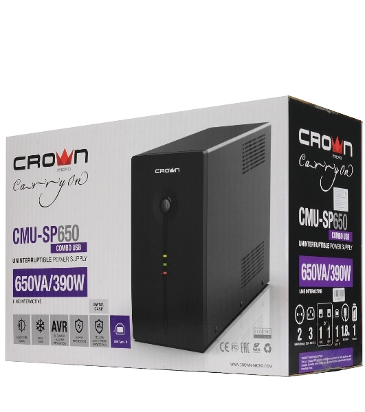 Источник бесперебойного питания Crown CMU-SP650COMBO/650 ВА/390 Вт/2 х CEE 7 (евророзетка), 3 x IEC 320 C13 (компьютерная)