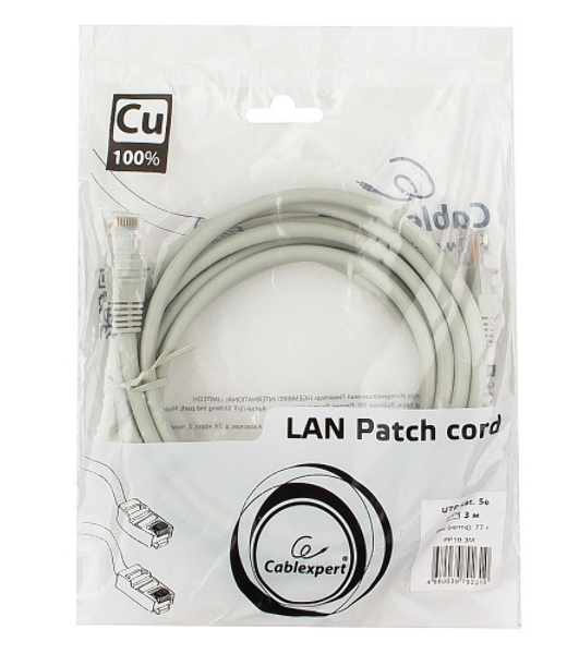 Патч-корд медный UTP Cablexpert PP10-3M cat.5e, 3м, литой, многожильный, серый