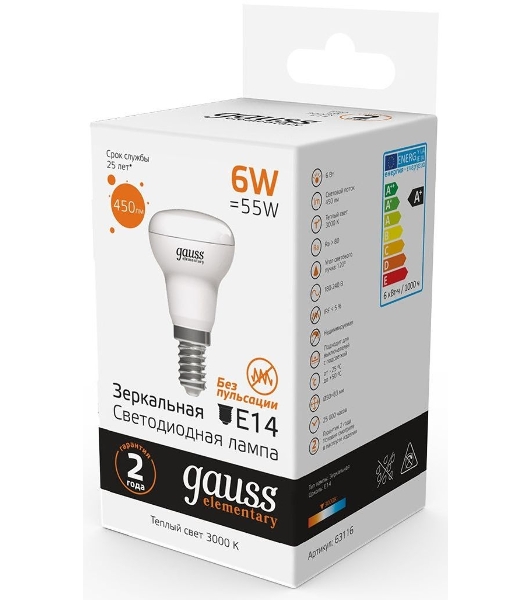 Лампа светодиодная Gauss Elementary 63116 6Вт цок.: E14 рефлек. 220B 3000K св. свеч. бел. теп. (упак.: 10 шт)