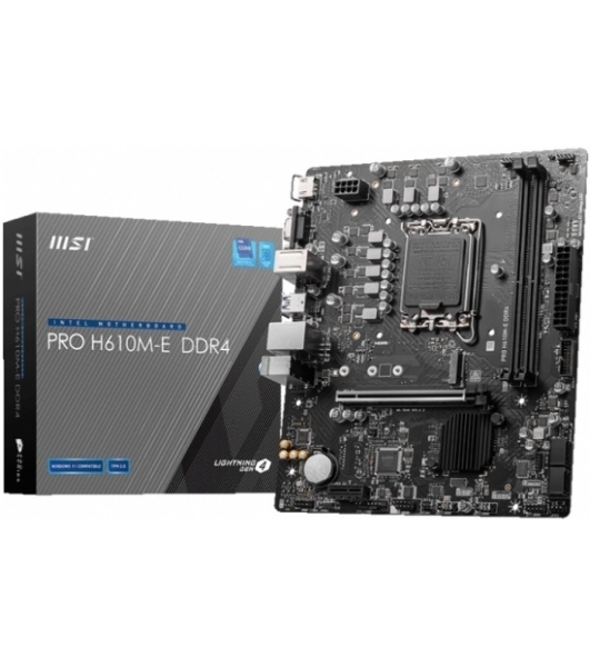 Материнская плата MSI PRO H610M-E DDR4, LGA 1700, Intel H610, 2xDDR4, 4xSATA, 1xM.2, 1xPCIe 4.0 x16, 1xPCIe 4.0 x1, 1xHDMI, 1xVGA, 1xRJ45 1Gb, 2xUSB-A 3.2 Gen 1, 4xUSB-A 2.0, 3x3.5мм, 7.1, mATX
