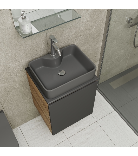 Тумба Bau Dream Blackwood 50 графит, раковина BAU Cerama 48х37 темно-серая матовая, смеситель Hotel Dream, нерж. сталь, выпуск клик клак, хром