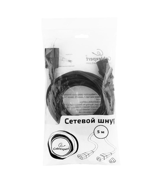 Кабель питания сист.блок-монитор Cablexpert PC-189-VDE-5M, 5м, C13-C14, VDE, 10А, Сечение провода: 0,75 мм2, черный, с заземлением