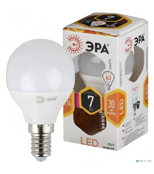 Лампа светодиодная LED 7Вт E14 220В 2700К smd P45 шар Б0020548 ЭРА