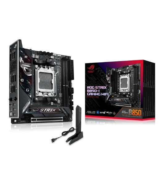 Материнская плата ASUS ROG STRIX B850-I GAMING WIFI, AM5, AMD B850, 2xDDR5, 2xM.2, 2xSATA, PCIe 4.0 x16, 1xHDMI, 1xUSB Type-C, 1x2.5Gb LAN, Wi-Fi 7, Bluetooth 5.4, 5xUSB-A 10Gbps, 1xUSB-C 20Gbps, 2xUSB-A 2.0, 3x3.5 мм, S/PDIF, 7.1, Mini-ITX