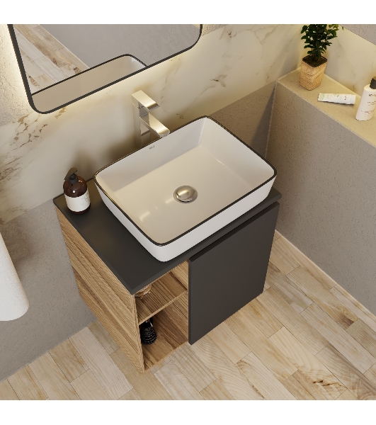 Тумба Bau Dream Blackwood 60 правая, графит, раковина BAU Hotel Black Rand 48х37, смеситель для раковины высокий Hotel Still, нержавеющая сталь, выпуск клик клак, хром