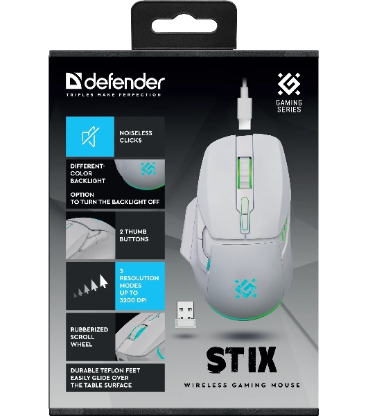 Мышь беспроводная Defender Stix GM-009 белый, 3200 dpi, радиоканал, USB, кнопки - 7