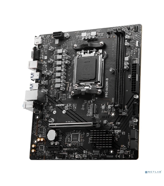 Материнская плата MSI PRO A620M-B, AM5, AMD A620, 2xDDR5, 4xSATA, 1xM.2 (PCIe 4.0 x4), 1xPCIe 4.0 x16, 1xPCIe 3.0 x1, 1xHDMI, 1xVGA, 1x2.5Gb LAN, 6xUSB-A 5Gbps, 6xUSB-A 2.0, 3x3.5 мм, 7.1, mATX