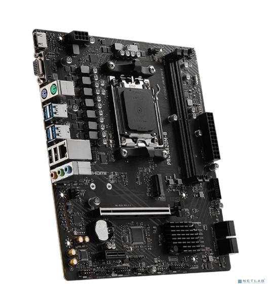Материнская плата MSI PRO A620M-B, AM5, AMD A620, 2xDDR5, 4xSATA, 1xM.2 (PCIe 4.0 x4), 1xPCIe 4.0 x16, 1xPCIe 3.0 x1, 1xHDMI, 1xVGA, 1x2.5Gb LAN, 6xUSB-A 5Gbps, 6xUSB-A 2.0, 3x3.5 мм, 7.1, mATX
