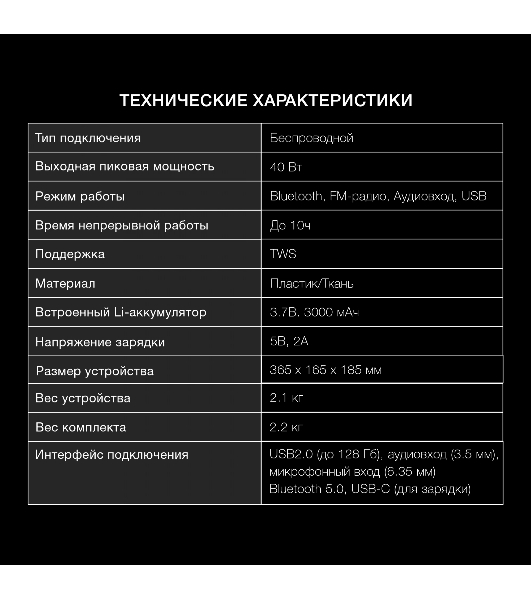 Колонка портативная Hyundai H-PS1025 черный 40W 2.0 BT 10м 3000mAh