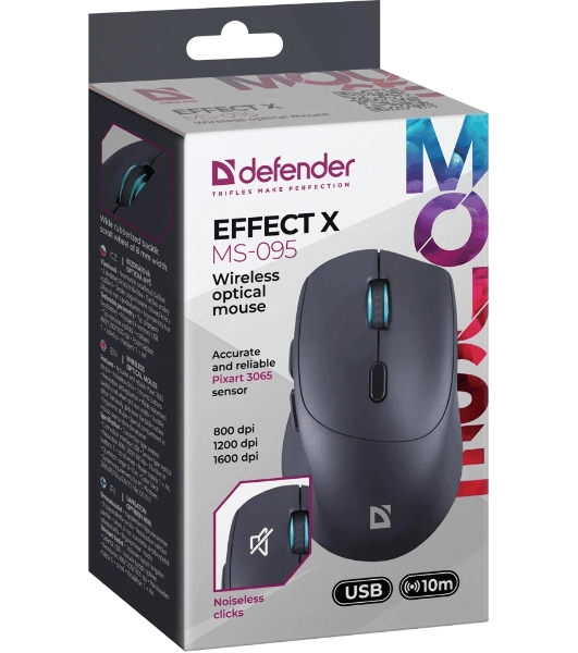 Мышь беспроводная Defender Effect X MS-095 черный, 1600 dpi, радиоканал, USB, кнопки - 6