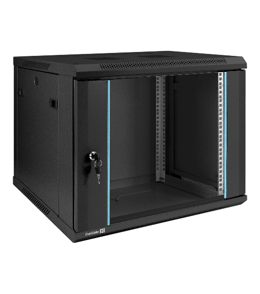Шкаф телекоммуникационный 19' настенный 9U ExeGate EC-WM-9U.450.G.BLACK (19', 9U, 600x450x500 мм (ШхГхВ), передняя дверь закаленное стекло, съемные боковые панели, пыле- и влагозащита IP23, черный RAL 9004)