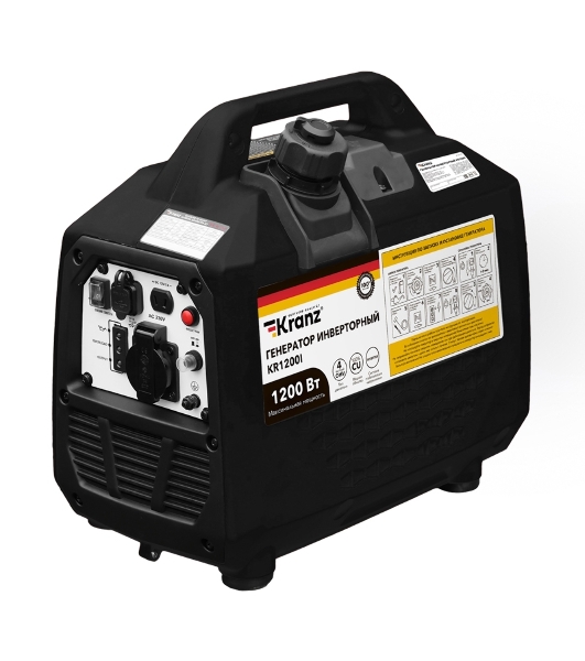 Генератор инверторный Kranz KR1200I, 1,2кВт, 230В, 2л, закрытый корпус, ручной старт