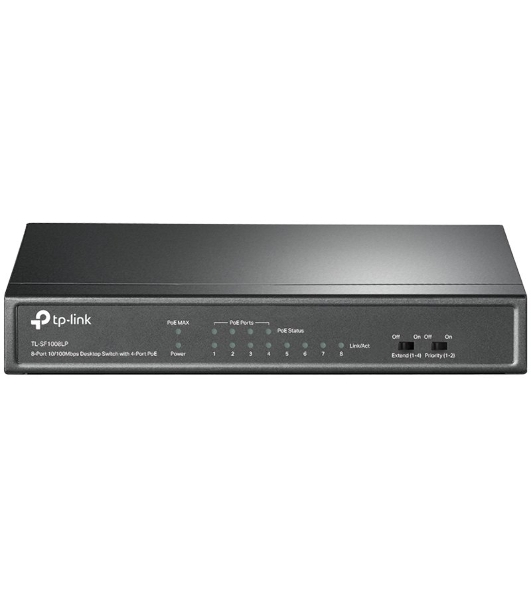 Коммутатор TP-Link 8-Port 10/100Mbps Unmanaged Switch with 4-Port PoE, metal case, desktop mount, PoE budget 41W.