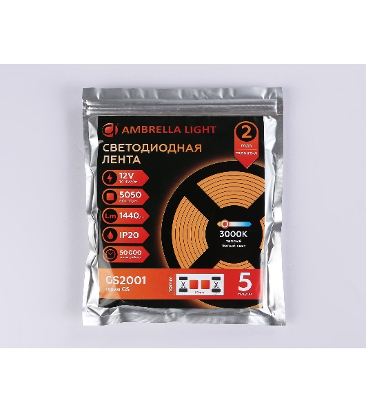 Светодиодная лента Ambrella light GS2001 5050 60Led/ 14.4W m/ 12V IP20 3000K/ 5000*10*1.87mm (2 конт.)