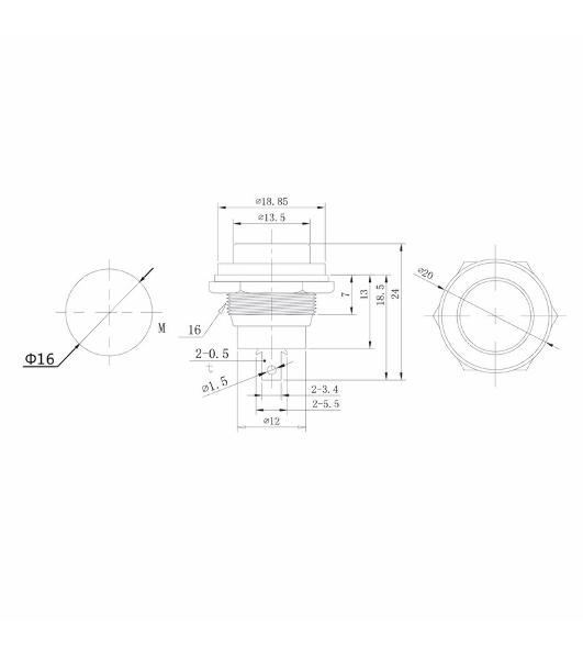 Выключатель-кнопка металл Rexant 250V 2А (2с) (ON)-OFF Ø16.2 зеленый